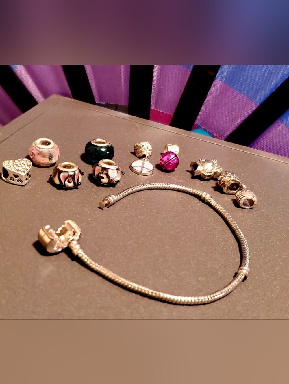 Silver Bracelet with Pink and Purple Murano & Silver Charms